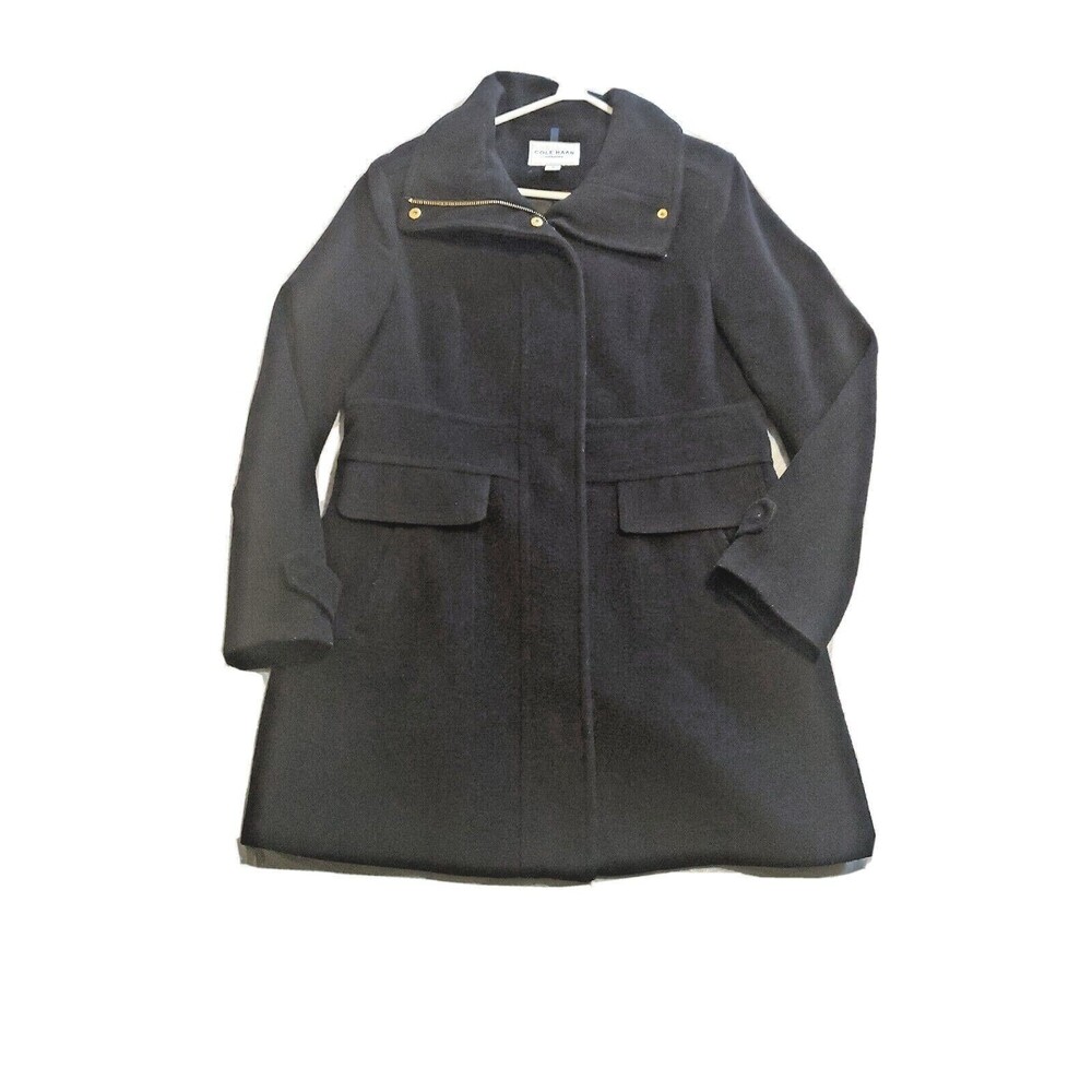 Cole Haan Signature Sz 12 Winter Coat Wool Blend Zipped Lined Pockets Black